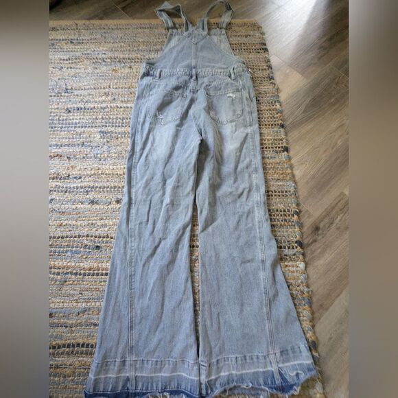 Distressed Flare Overalls Light Wash Denim Juniors M Wide Leg 2000s Y2K - Picture 9 of 10